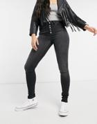 Only High Waist Exposed Button Skinny Jeans In Black