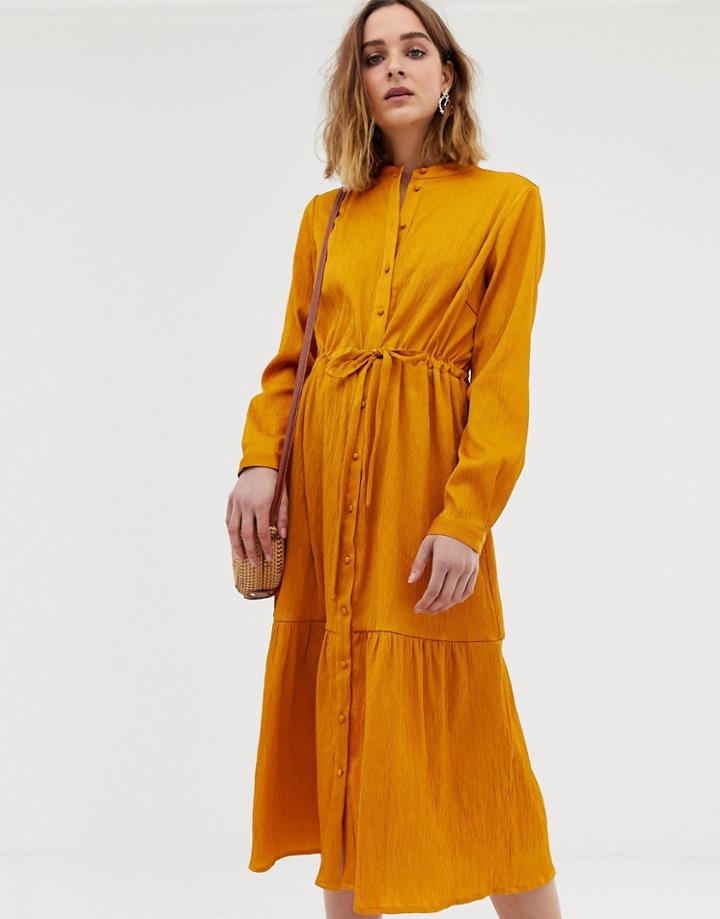 Pieces Gathered Waist Midi Shirt Dress-yellow