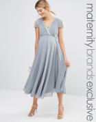 Maya Maternity Short Sleeve Midi Dress With Embellished Sleeves And Wrap Front Detail - Gray