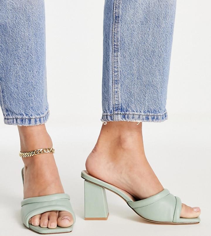 London Rebel Wide Fit Block Heel Mules In Sage-green