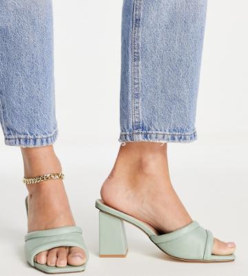 London Rebel Wide Fit Block Heel Mules In Sage-green