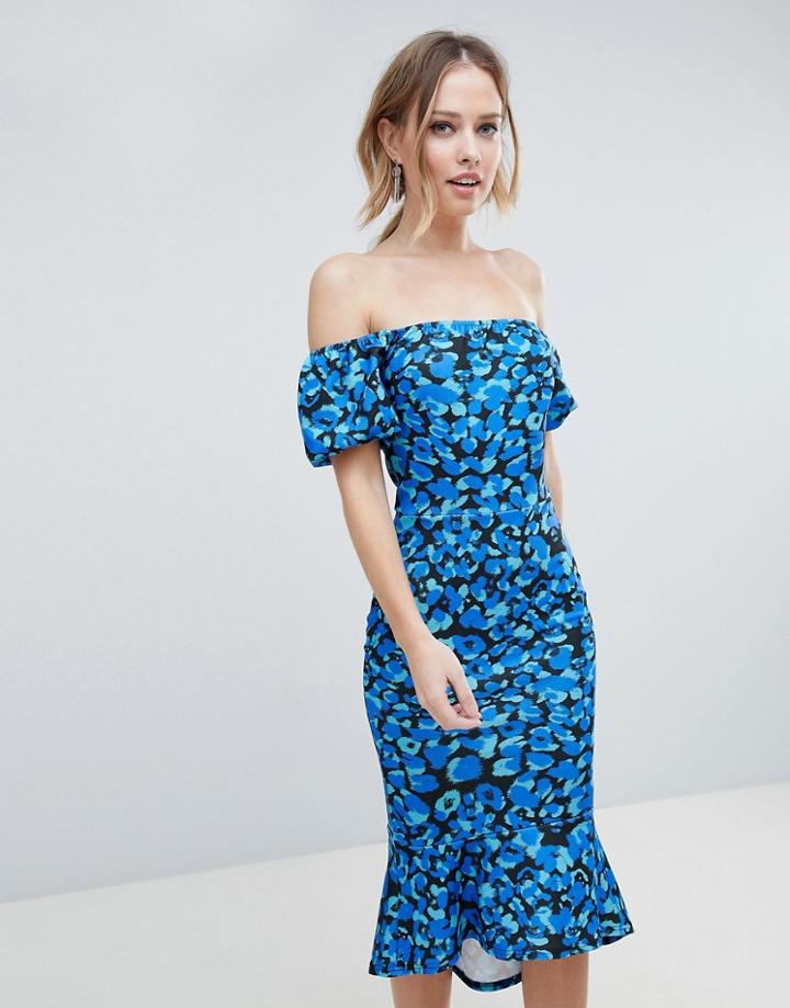 Silver Bloom Bardot Midi Dress With Pephem Midi - Blue