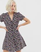 New Look Tea Dress With Lattice Back In Ditsy Floral - Black