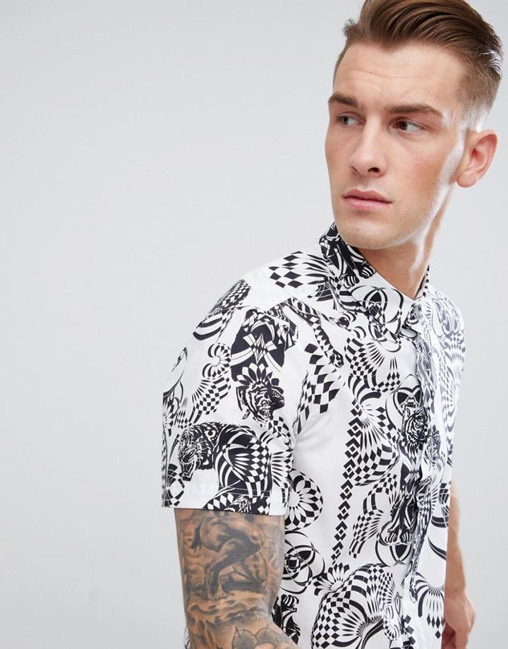 Versace Jeans Shirt In White With Tiger Spiral Print Reg Fit - White