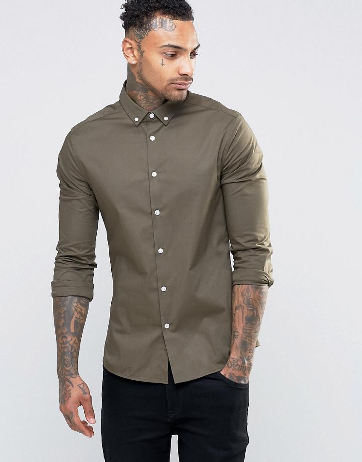 Asos Skinny Shirt In Khaki With Button Down Collar - Green