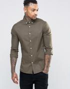 Asos Skinny Shirt In Khaki With Button Down Collar - Green
