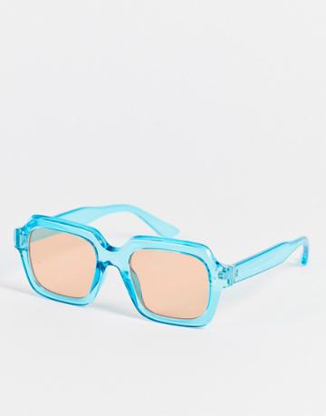 Asos Design Square Sunglasses In Crystal Blue With Orange Lens - Mblue