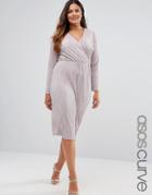 Asos Curve Plisse Pleated Pencil Dress With Wrap Detail - Gray