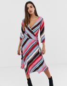 Prettylittlething Belted Wrap Midi Dress In Stripe - Multi