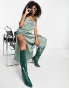 Mango Satin Strappy Midi Dress With Side Split In Green