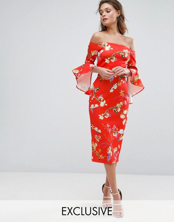 True Violet Bardot Midi Dress With Frill Sleeve In Red Floral - Multi
