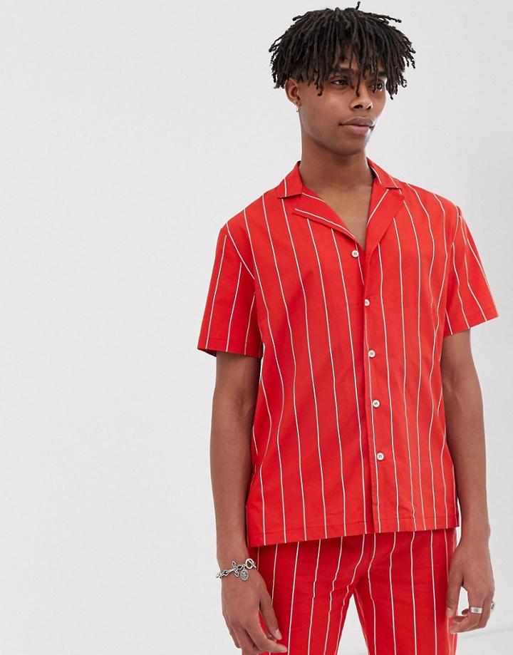 Sacred Hawk Two-piece Revere Collar Shirt In Red Stripe - Red