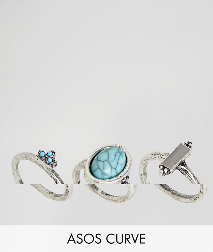 Asos Design Curve Pack Of 3 Stone And Ball Detail Rings - Silver
