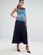 Three Floor Pleated Midi Dress With Contrast Lace Detail - Blue