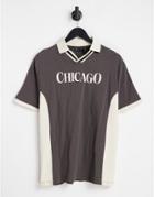 Asos Design Relaxed Revere Polo T-shirt In Black With Chicago Print - Black - Black