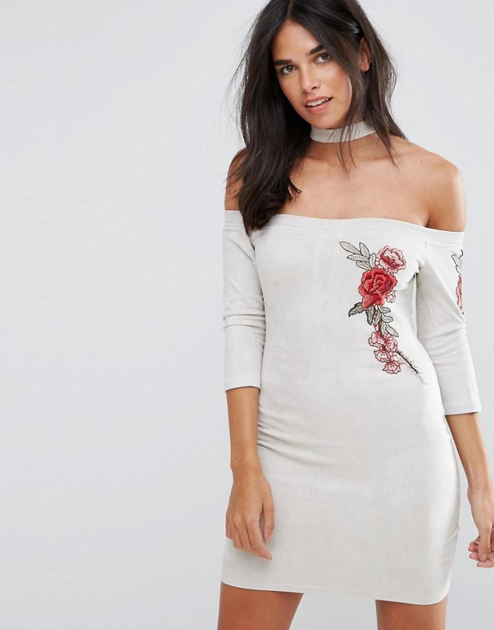 Ax Paris Gray Suede Embroidered Bodycon Dress - Gray