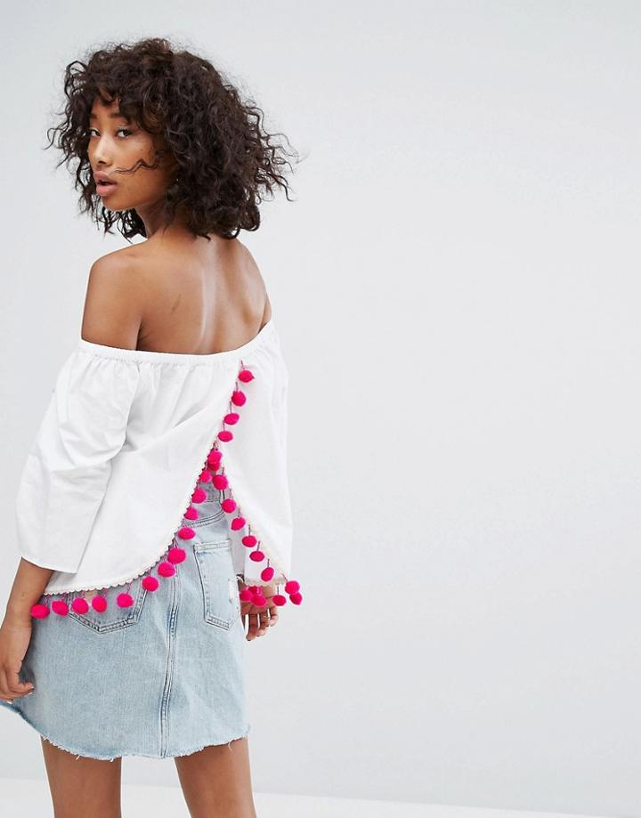 Noisy May Off The Shoulder Woven Top With Pom Poms And Open Back - White