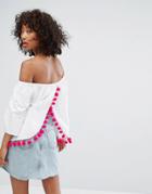 Noisy May Off The Shoulder Woven Top With Pom Poms And Open Back - White