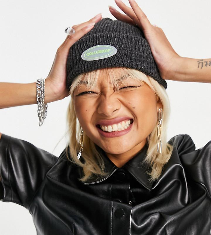 Collusion Unisex Fisherman Beanie With Logo In Charcoal-grey