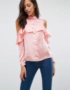 Miss Selfridge Cold Shoulder Ruffle Shirt - Pink