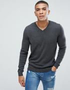 New Look Cotton V Neck Sweater In Dark Gray - Gray