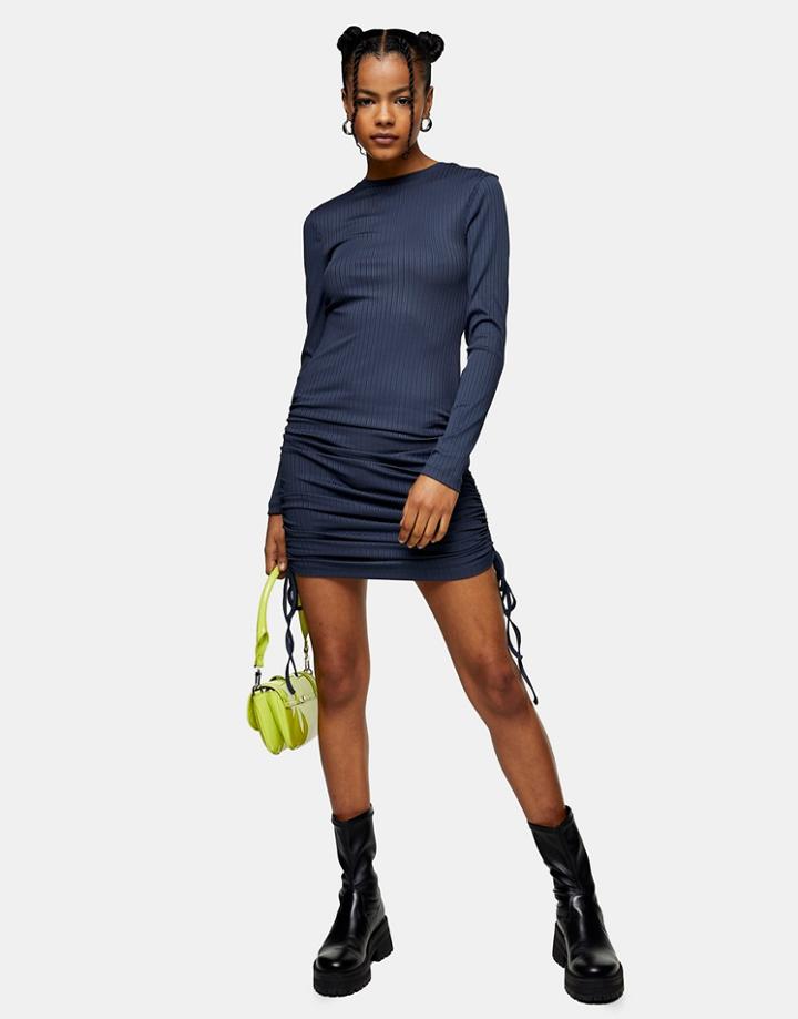 Topshop Ruched Long Sleeve Ribbed Dress In Navy-grey