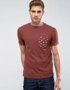 Bellfield T-shirt With Contrast Printed Pocket And Rolled Sleeves - Brown