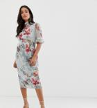 Hope & Ivy Maternity Ruffle Sleeve Pencil Dress In Blue Floral - Multi