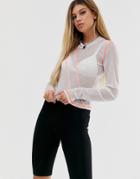Asos Design Top In Mesh With Long Sleeve And Contrast Seams - White