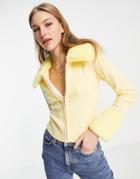 Asos Design Fur Trim Cardigan With Checkerboard Stitch In Yellow