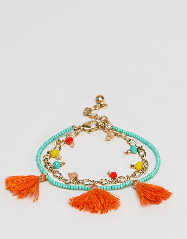 Asos Design Summer Bead And Tassel Multirow Bracelet - Multi