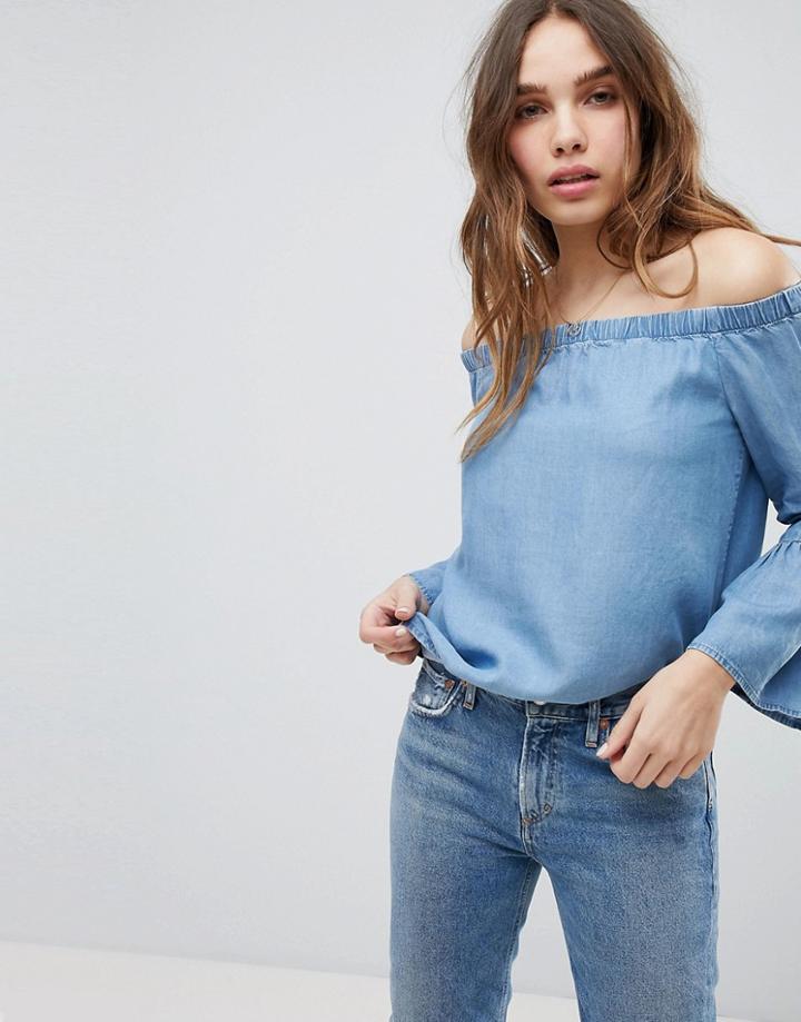 Only Off Shoulder Ruffle Sleeve Denim Top - Blue