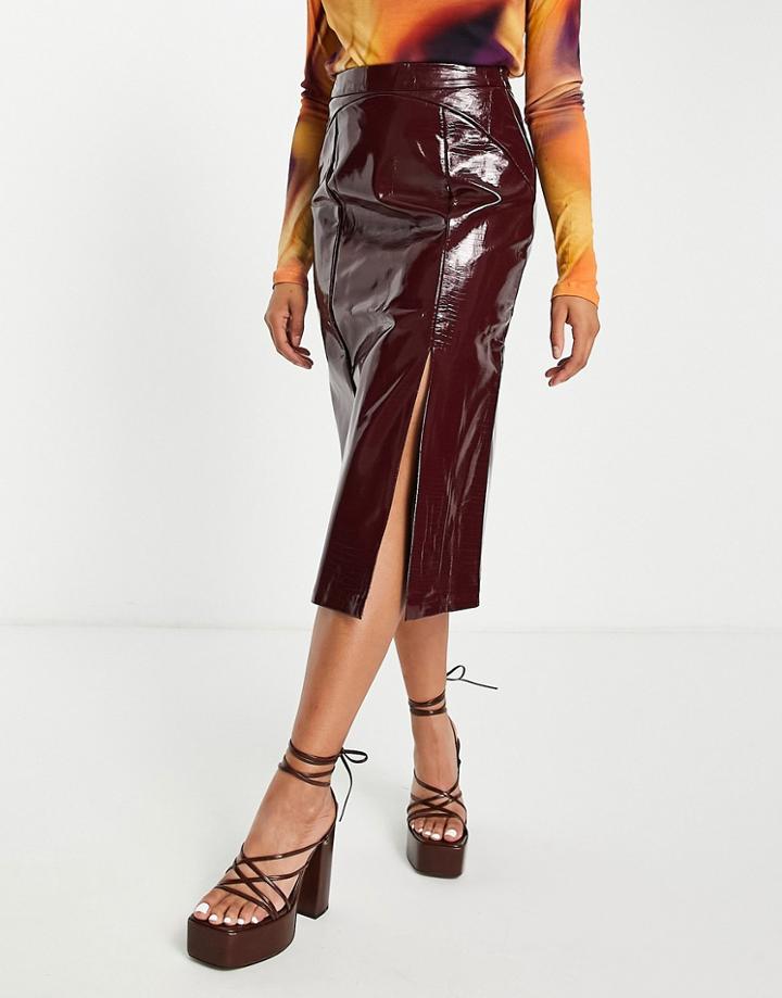 Topshop Croc Pu Midi Skirt In Burgundy-red