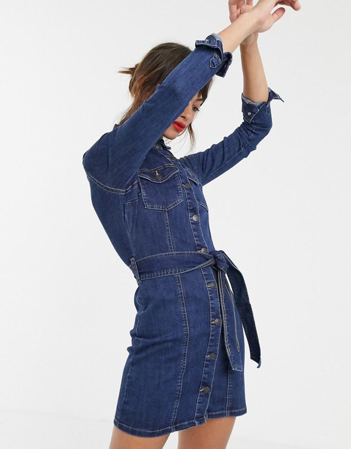 Vero Moda Tie Waist Denim Shirt Dress In Dark Blue