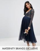 Maya Maternity Long Sleeve Midi Dress With Delicate Sequin And Tulle Skirt - Navy
