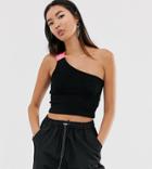 Collusion One Shoulder Contrast Strap Crop Top-black