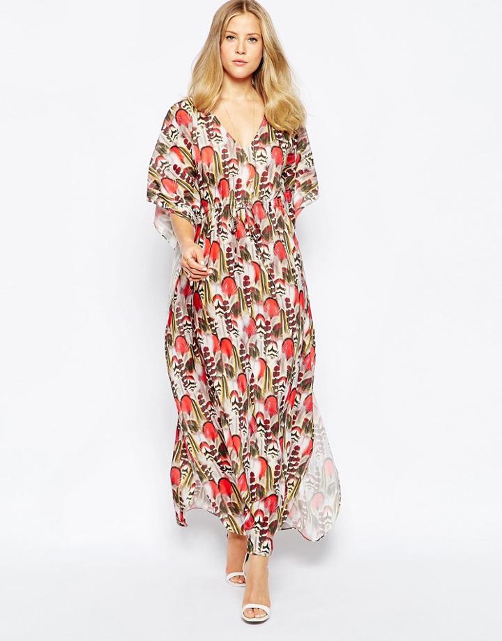 Traffic People Caftan Maxi Dress In Feather Print - Red