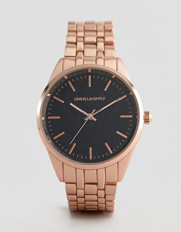 Asos Design Bracelet Watch With Black Textured Dial In Rose Gold - Black