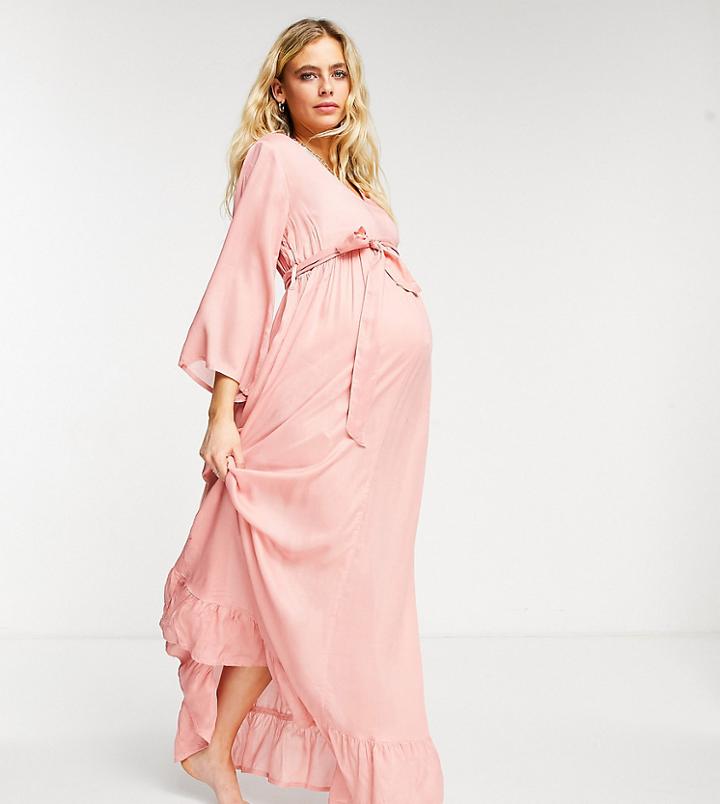 Asos Design Maternity V Neck Tiered Maxi Beach Dress In Peach-pink