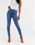 Asos Design Ridley High Waist Skinny Jeans With Rips In Mid Stonewash