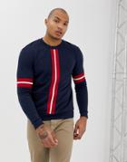 Asos Design Sweatshirt With Knitted Stripe Tape In Navy - Navy