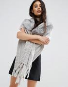 7x Knitted Scarf With Faux Fur Collar - Gray