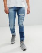 Asos Skinny Jeans In Mid Wash Blue With Cut And Sew Detail - Blue