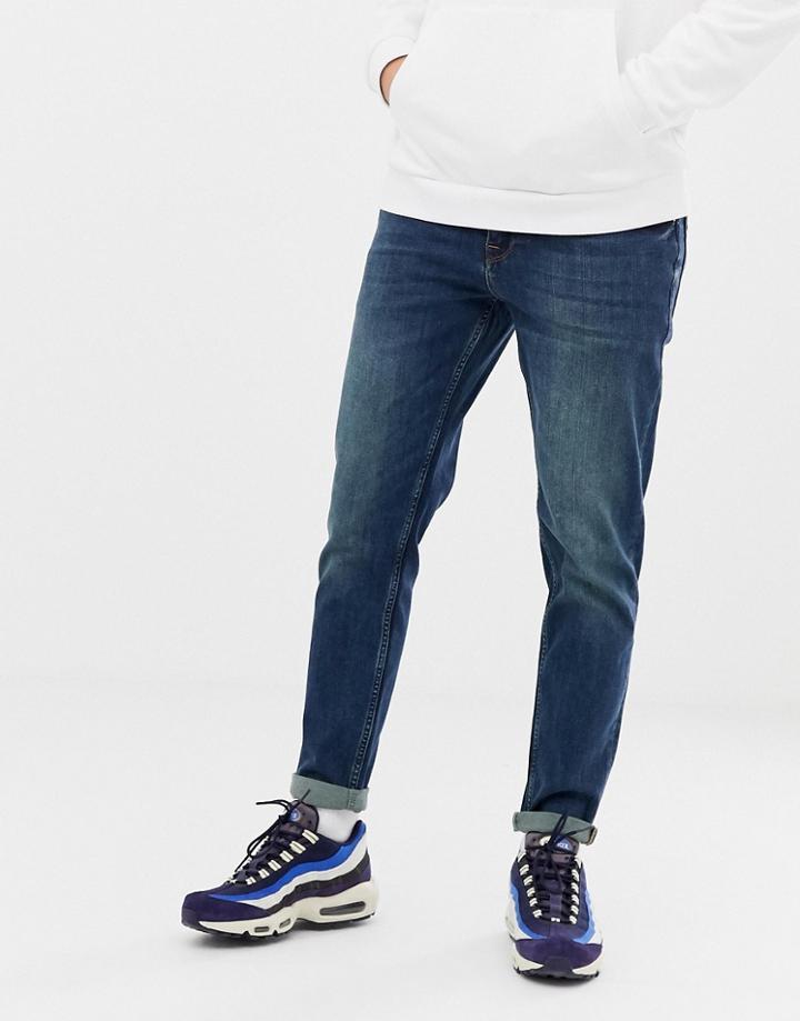 Asos Design Tapered Jeans In Dirty Blue Wash - Blue