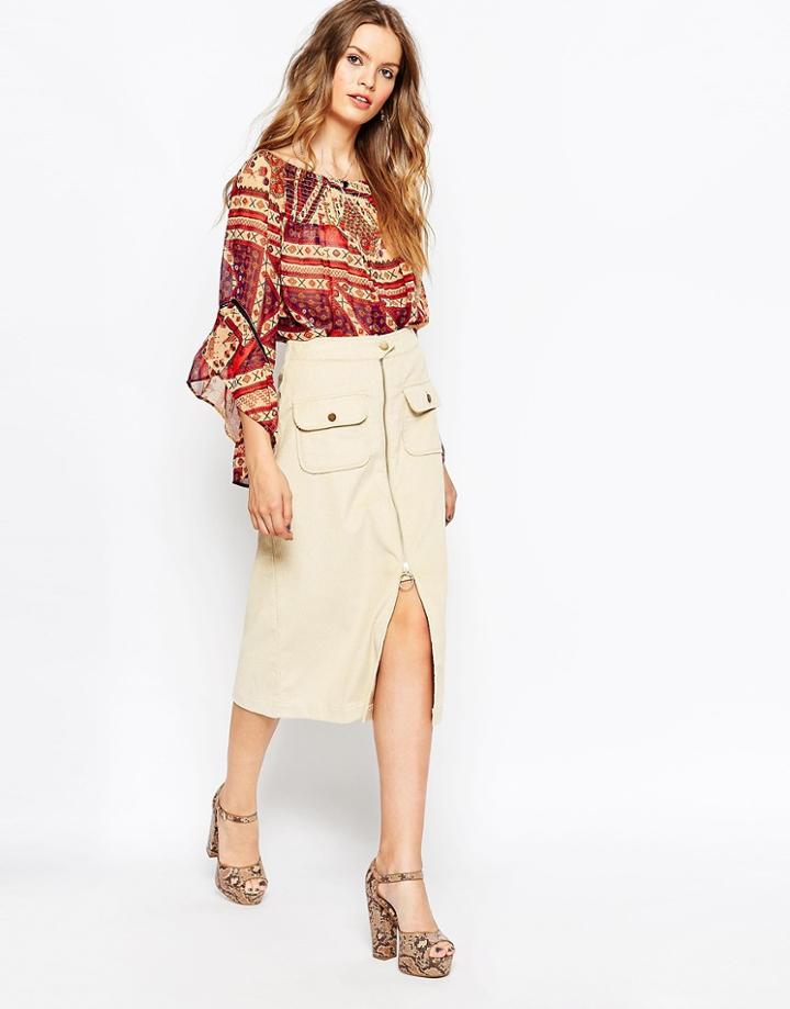 Asos Chunky Cord Zip Front Midi Skirt - Cream