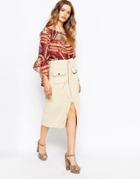 Asos Chunky Cord Zip Front Midi Skirt - Cream