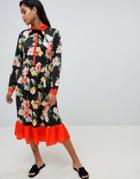 Vila Floral Velvet Tie Neck Midaxi Dress - Black
