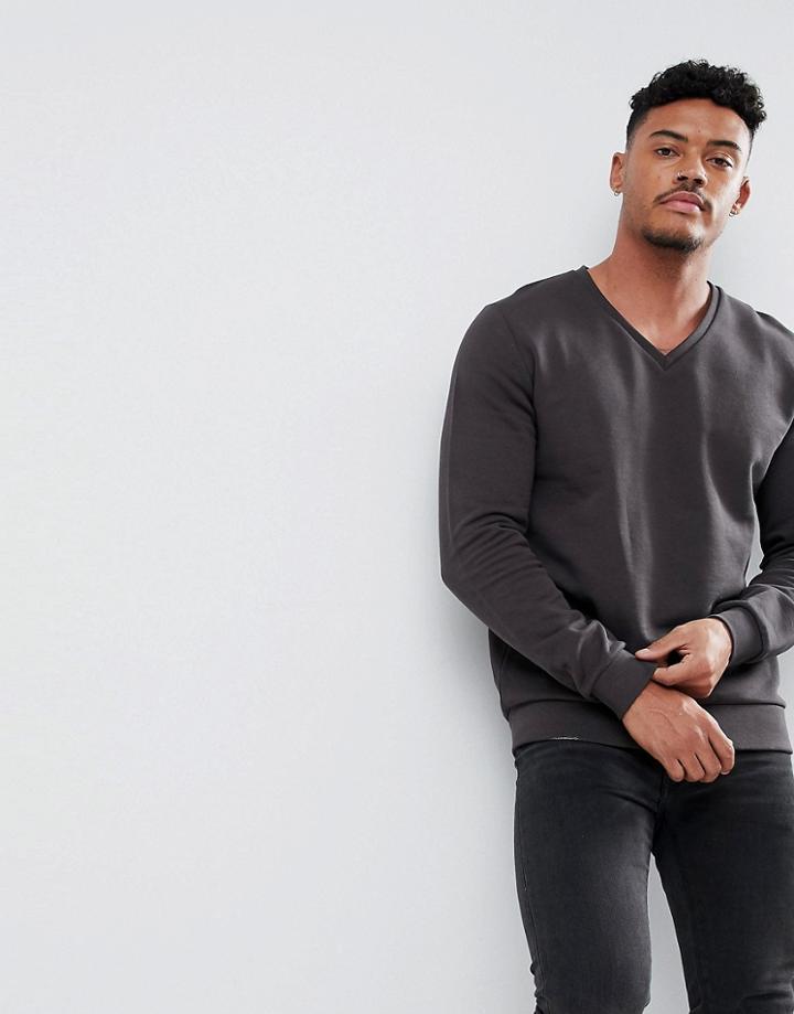 Asos V Neck Sweatshirt In Washed Black - Black