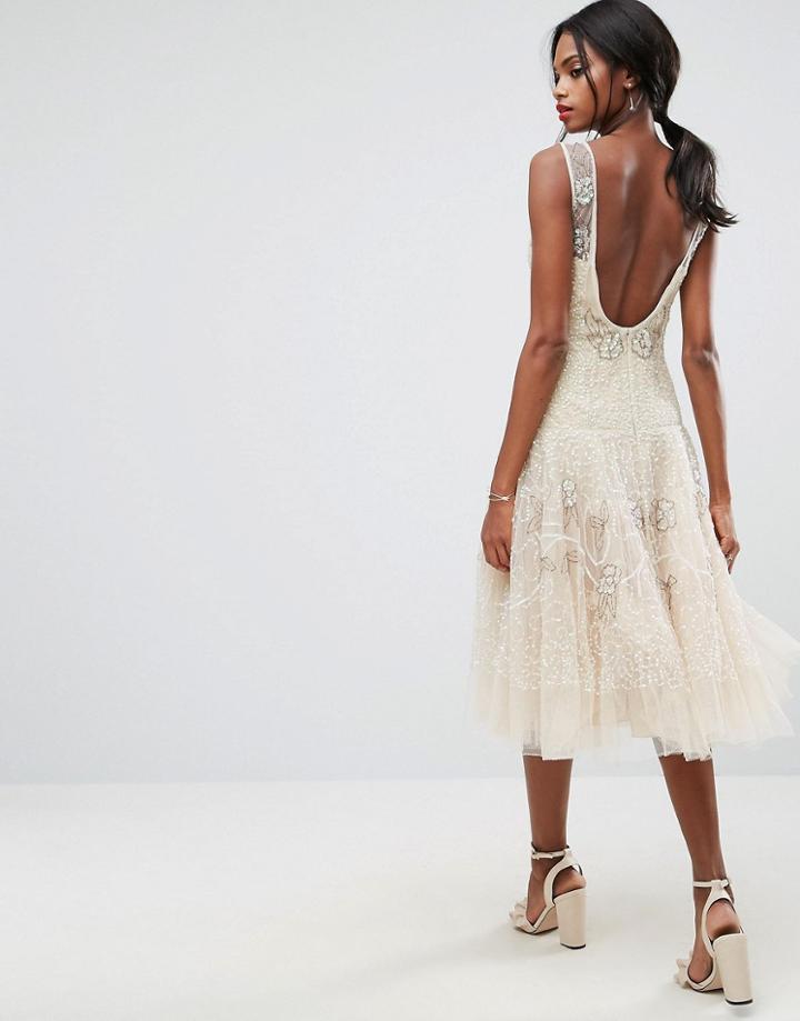 Asos Salon Embellished Floral Drop Waist Midi Dress - Beige