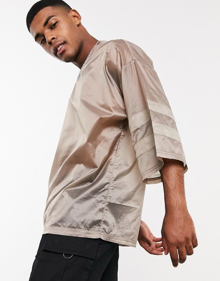 Asos Design Oversized Longline T-shirt With 3/4 Wide Sleeve In Beige Woven Fabric-green